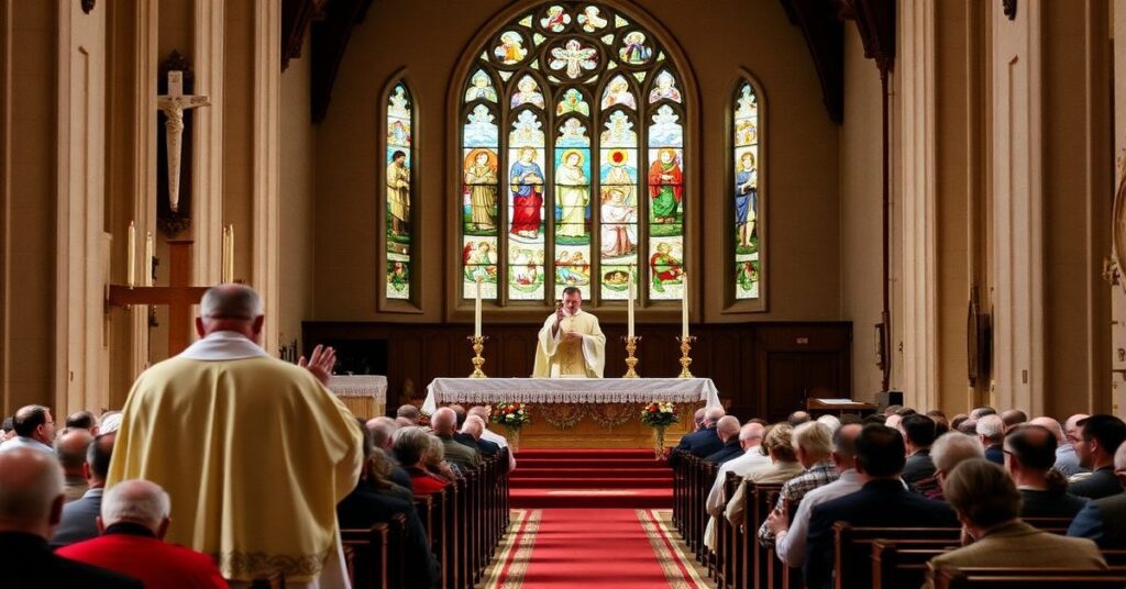 Tradycyjna msza trydencka z kapłanem podnoszącym hostię, wierni klęczący w modlitwie