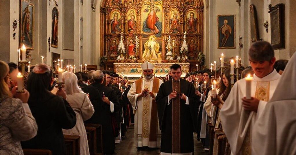 Powołanie liturgiczne katolickie na cześć męczenników komunizmu przed tradycyjnym ołtarzem kościołowym