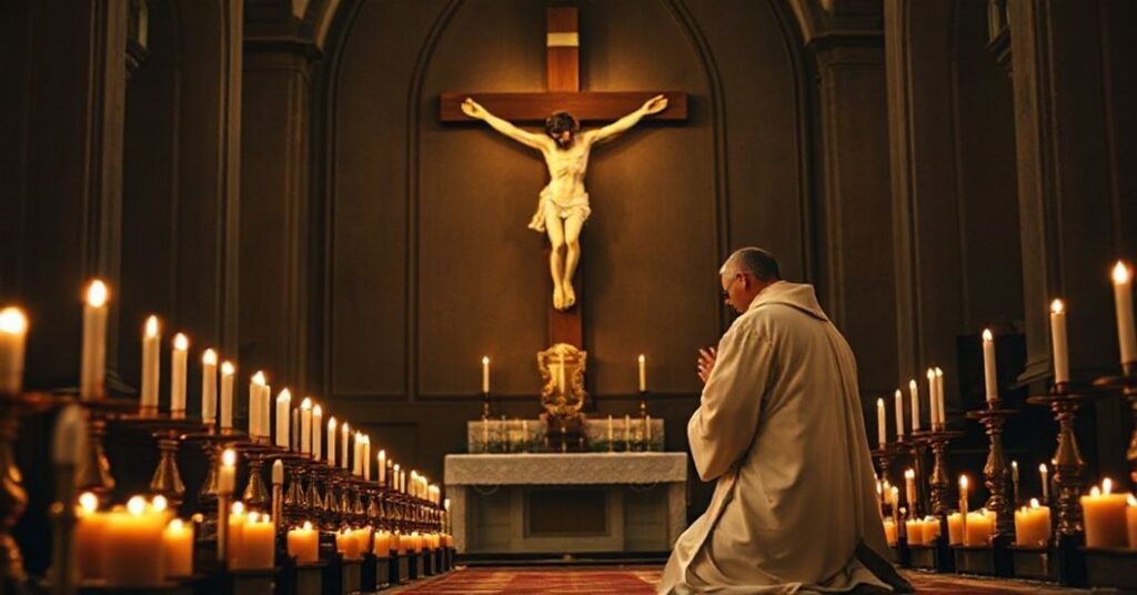 Ksiądz w sutannie modli się przed krzyżem w tradycyjnym wnętrzu kościelnym, podkreślając prawdziwą misterium paschalne jako historyczny fakt.