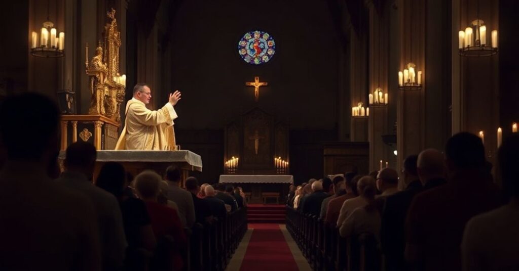 Sobór katolicki w tradycyjnym wnętrzu podczas Mszy Pasterskiej, skupiony na ołtarzu, gdzie kapłan podnosi hostię, symbolizując prawdziwą Ofiarę Mszy Świętej. W tle modlący się zgromadzony wiernych przy świetle świec.