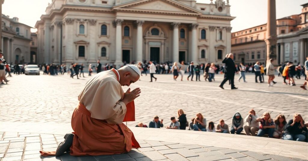 Pielgrzym modli się przed Bazyiliką Świętego Piotra w Rzymie, symbolizując prawdziwą pielgrzymkę wiary