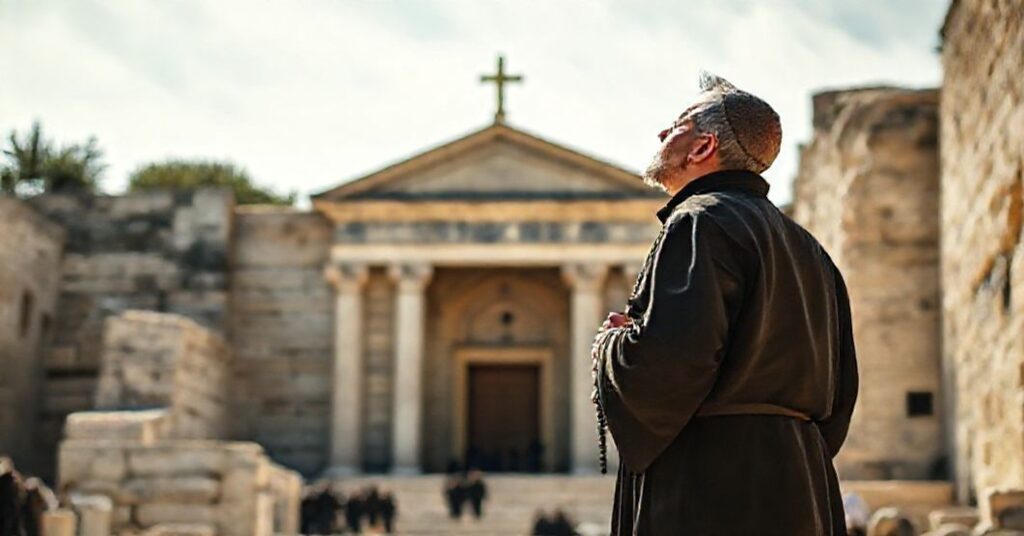 Pielgrzym katolicki modlący się w Grobie Świętym w Jerozolimie w tradycyjnym stroju z różańcem w ręku na tle pustego grobu Chrystusa