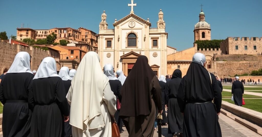 Realistyczny obraz pielgrzymów katolickich w tradycyjnych strojach, idących ku starożytnej świątyni, ukazujący powagę i pobożność, odzwierciedlający krytykę nowoczesnych, posoborowych pielgrzymek bez nadprzyrodzonego charakteru.