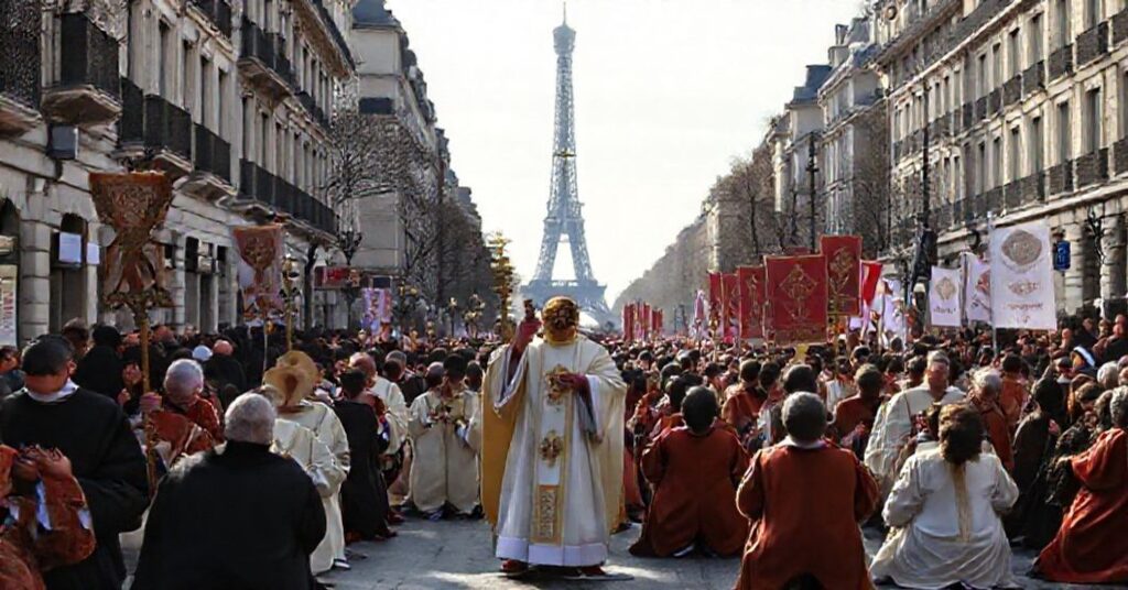 Prawdziwa katolicka pielgrzymka w tradycyjnych szatach liturgicznych idąca przez Paryż z Najświętszym Sakramentem w procesji
