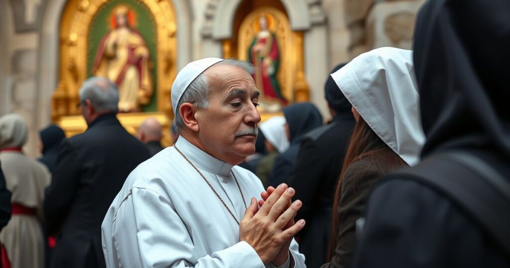 Fotografia realistycznego pielgrzyma modlącego się przy sanktuarium Jasnej Góry, wyraz głębokiej pobożności i szacunku dla tradycyjnej katolickiej wiary