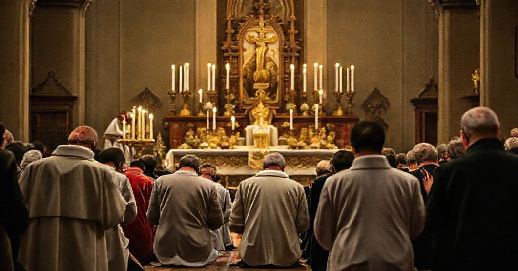 Grupa wiernych modlących się przed Najświętszym Sakramentem na tradycyjnym ołtarzu w Jarosławiu