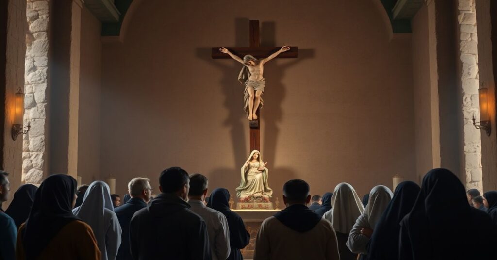 Grupa wiernych modli się przed statuą Matki Bożej Różańcowej w sanktuarium w Pompejach, symbolizując prawdziwą pobożność katolicką.