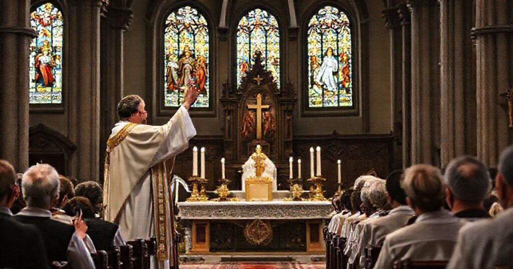 Przedstawienie tradycyjnej mszy św. w historycznym kościele z wiernymi modlącymi się i kapłanem podnoszącym Hostię.