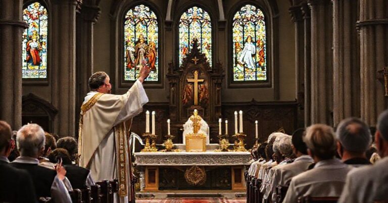 Przedstawienie tradycyjnej mszy św. w historycznym kościele z wiernymi modlącymi się i kapłanem podnoszącym Hostię.