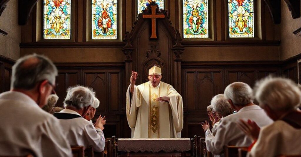 Tradycyjna msza katolicka w starym kościele z kapłanem podnoszącym Hostię i wiernymi modlącymi się z pobożnością.