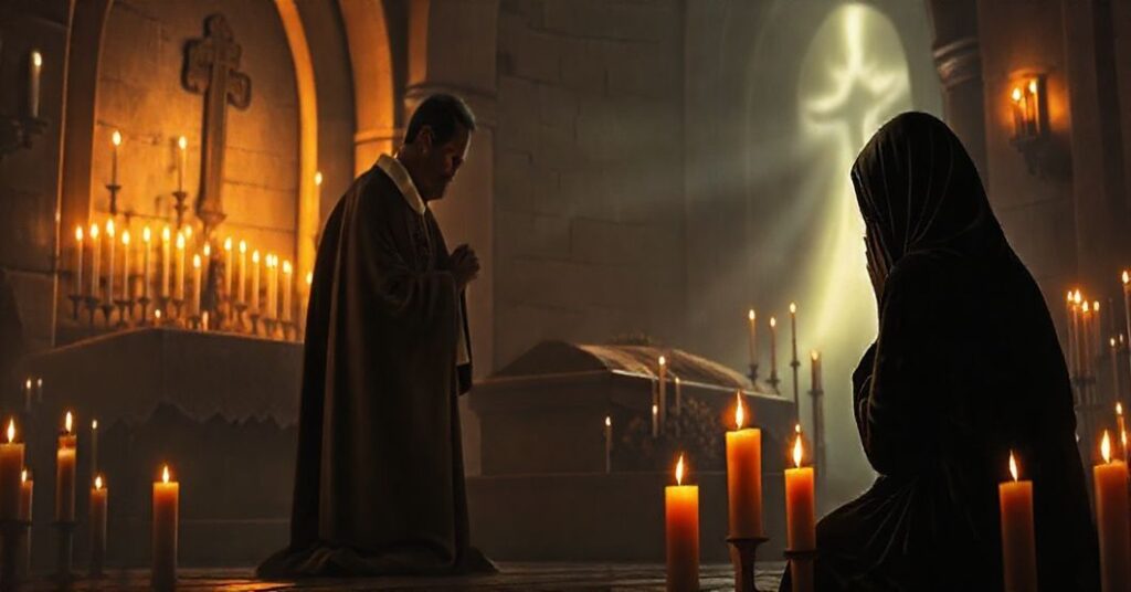 Strogi, poważny wnętrze kościoła z kapłanem w tradycyjnym ornaty modli się przy grobie, kobieta w czarnej zasłonie klęczy w modlitwie, otoczona lampkami. Scena podkreśla realność czyśćca i potrzebę modlitwy za zmarłych.