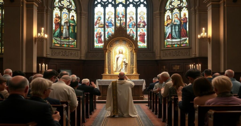 Grupa wiernych w tradycyjnym kościele modląca się przed Najświętszym Sakramentem, podkreślając prawdziwe źródło łaski i miłosierdzia