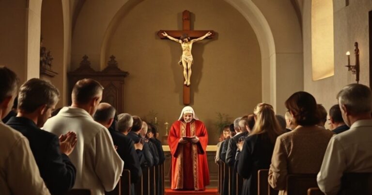 Tradycyjny kościół katolicki w Polsce z grupą osób w głębokiej modlitwie pokutnej przed krzyżem