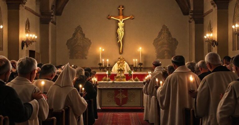 Tradycyjny kościół z grupą modlących się katolików, akcentującymi potrzebę nawrócenia schizmatyków wschodnich przez prawdziwą wiarę