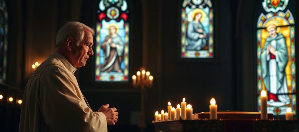 Tradycyjny ksiądz modlący się przed Najświętszym Sakramentem w ciemnym kościele z witrażem św. Franciszka na tle