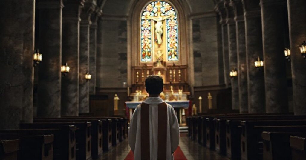 Młody ministrant w liturgicznych szatach modlący się przed ołtarzem w tradycyjnym kościele