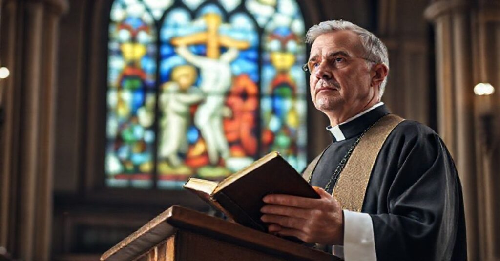 Ksiądz w katedrze przed amboną trzymający Biblię z poważnym wyrazem twarzy w tle okno witrażowe przedstawiające Mękę Pańską