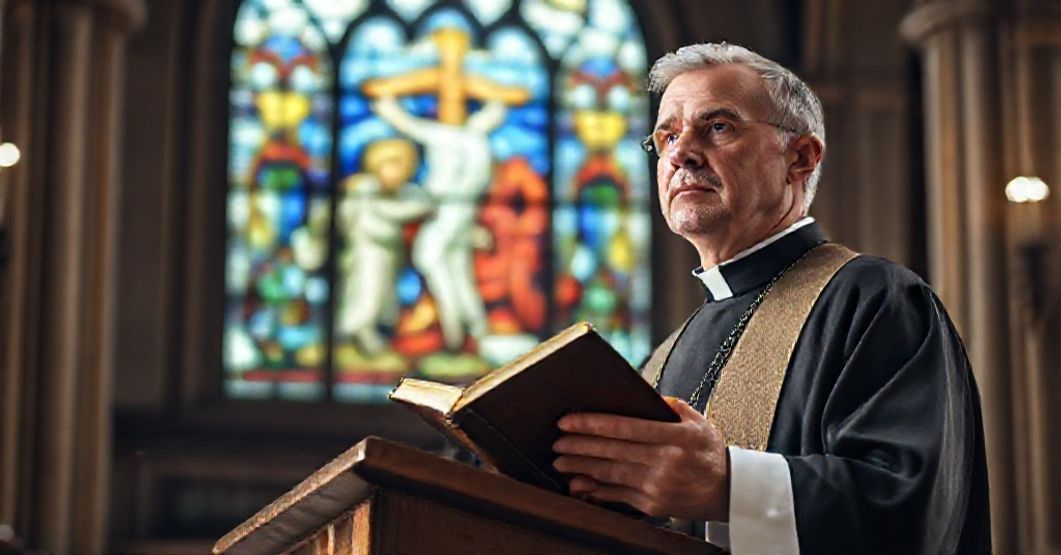 Ksiądz w katedrze przed amboną trzymający Biblię z poważnym wyrazem twarzy w tle okno witrażowe przedstawiające Mękę Pańską