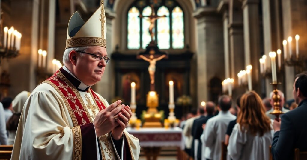 Katolicki kapłan w tradycyjnych ornatach obchodzi uroczystą Mszę Tridentyńską w historycznym kościele, otoczony pobożnymi wiernymi. Scena wypełniona jest świętymi symbolami: monstrancja z Najświętszym Sakramentem, krzyż i lampki ołtarzowe. Wyraz twarzy kapłana jest głęboki i pobożny.
