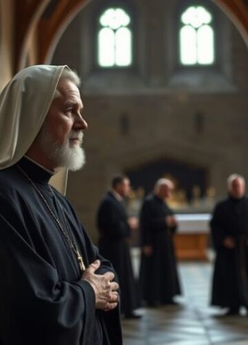 Prawdziwa świętość katolicka w obliczu modernistycznej fałszywej kanonizacji Fotografia realistycznego, pełnego szacunku katolickiego mnicha benedyktyńskiego w klasztorze, symbolizującego prawdziwą świętość w opozycji do modernistycznych fałszerstw
