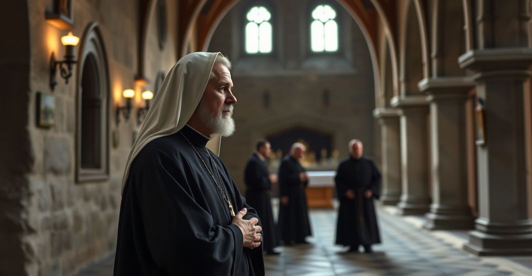 Fotografia realistycznego, pełnego szacunku katolickiego mnicha benedyktyńskiego w klasztorze, symbolizującego prawdziwą świętość w opozycji do modernistycznych fałszerstw