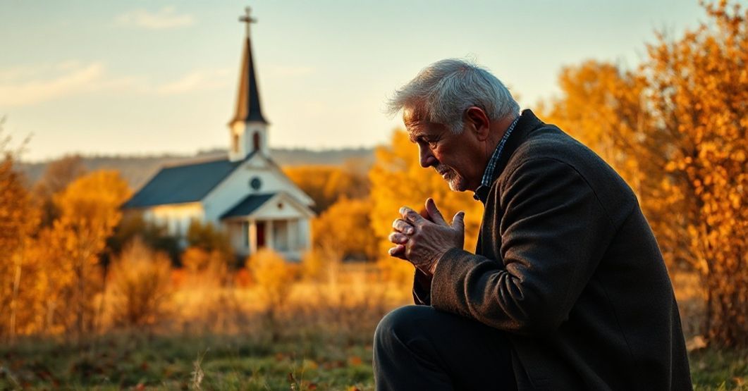 Stary mężczyzna modlący się w jesiennym pejzażu przed tradycyjnym kościołem katolickim