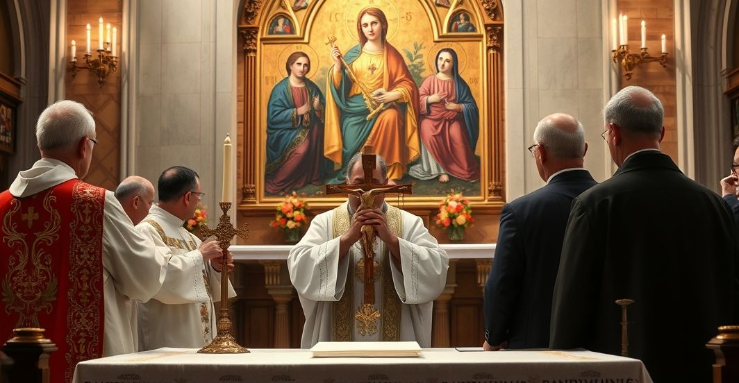 Rewersyjna scena katolicka w obronie prawdziwej wiary Rewerentne, katolickie zdjęcie ukazujące kapłana w tradycyjnym stroju przy ołtarzu, symbolizujące prawdziwą wiarę katolicką i sprzeciw wobec modernistycznych herezji.