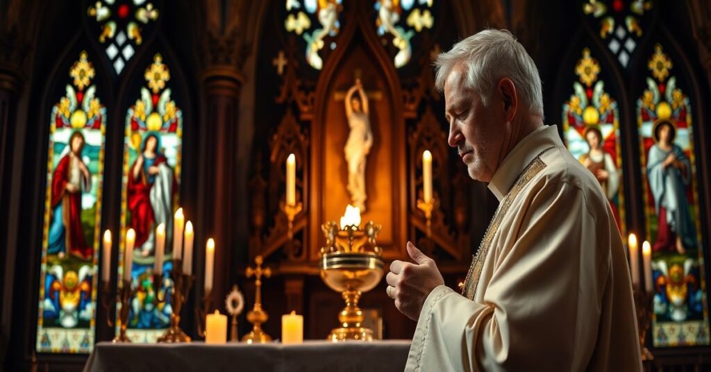 Ksiądz w tradycyjnymHabicie stojący w kaplicy gotyckiej z Najświętszym Sakramentem przed ołtarzem podczas Wielkiego Tygodnia