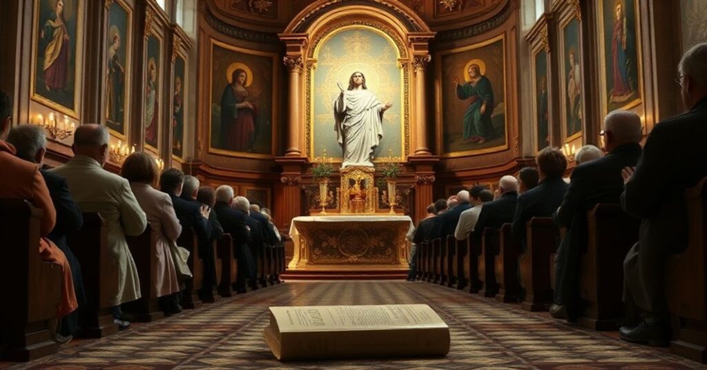 Wnętrze tradycyjnego kościoła katolickiego z rzeźbą Chrystusa Króla otoczonego modlącymi się wiernymi; symbolizuje prawdziwą wolność przez boskie królestwo w odróżnieniu od sekularyzmu Timothy'ego Snydera.