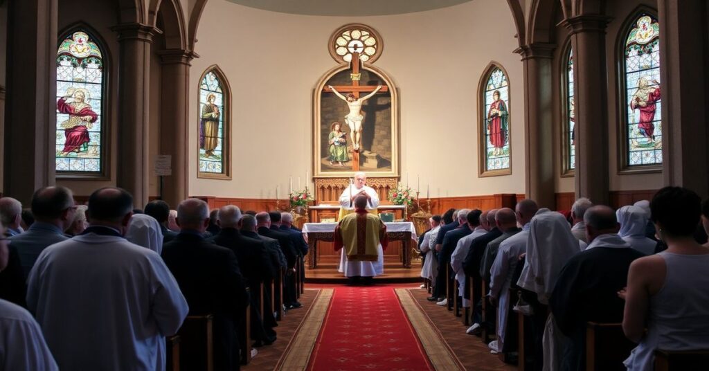 Tradycyjna msza św. w kościele, z kapłanem w pełnym stroju liturgicznym i wiernymi modlącymi się przed obrazem ukrzyżowania Chrystusa.