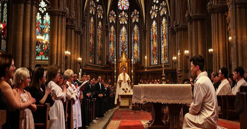 Tradycyjne bierzmowanie w koście katolickim przez sedewakantystowskiego księżą. Młody człowiek klęczy przy ołtarzu, otoczony wiernymi w tradycyjnych szatach liturgicznych.