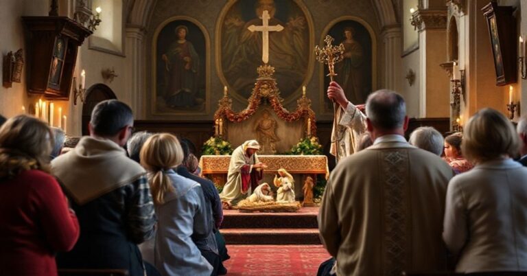 Tradycyjna polska scena Bożego Narodzenia z modlącymi się ludźmi przed szopką w klasycznym kościele