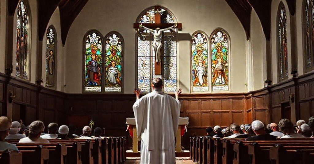 Tradycyjny wnętrze kościoła katolickiego z ks. w białej szacie modlącego się przed ołtarzem, tłem duży krzyż i wierni na kolanach.