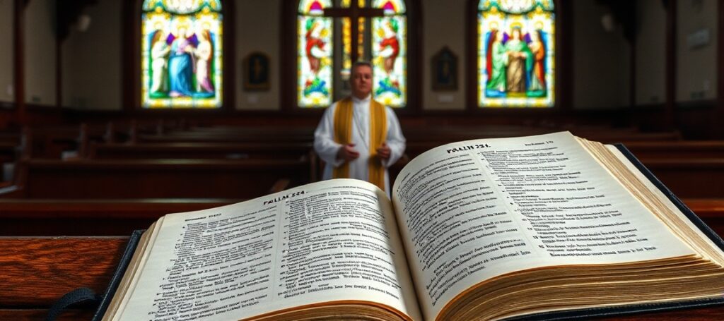 Wnętrze tradycyjnego kościoła katolickiego z księdzem w szatach liturgicznych i otwartą Biblią na ławce. Scena podkreśla prawdziwe dziedzictwo katolickie w kontrastzie z synkretycznymi iluzjami współczesnego ekumenizmu.