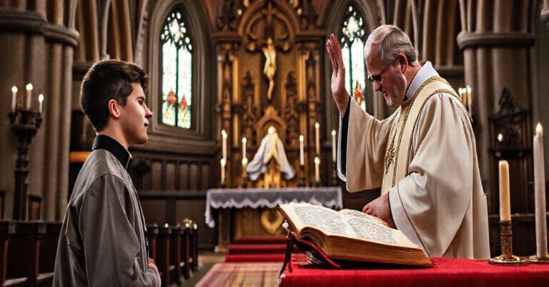 Młody alumn w tradycyjnym stroju kapłańskim modli się z głęboką pokorą w starożytnym kościele, otoczony symbolami sakramentalnej władzy kapłańskiej.