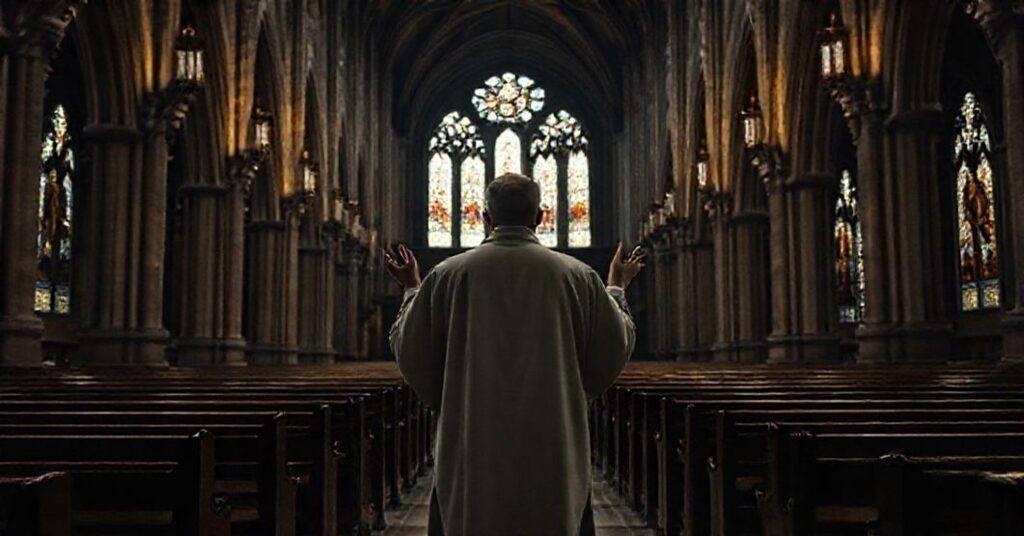 Prawdziwy kapłan w tradycyjnym ornaty stoi w ciemnym gotyckim kościele francuskim z podniesionymi rękoma w modlitwie, otoczony pustymi ławek