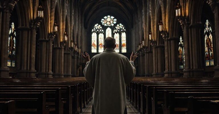 Prawdziwy kapłan w tradycyjnym ornaty stoi w ciemnym gotyckim kościele francuskim z podniesionymi rękoma w modlitwie, otoczony pustymi ławek