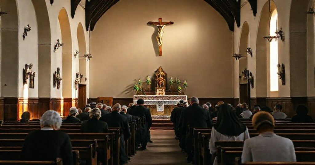 Prawdziwe katolickie nabożeństwo w tradycyjnym kościele z krzyżem i modlącymi się wiernymi.