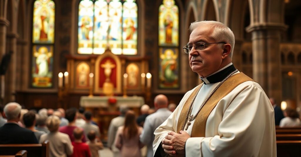 Prawdziwe katolickie nabożeństwo w tradycyjnej kościele z kapłanem w ornaty i rodzinami modlącymi się przed tabernakulum