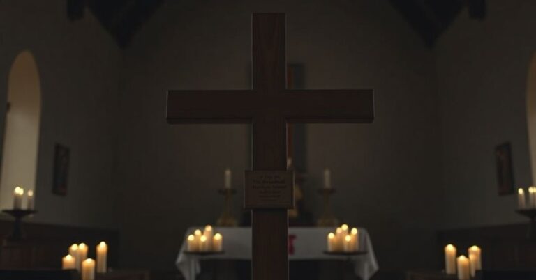 Zdjęcie przedstawiające tradycyjne katolickie sanktuarium z prostym krzyżem i tablicą upamiętniającą ks. Jerzego Popiełuskiego w otoczeniu dimnych świec.
