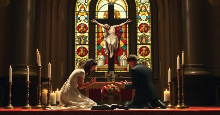 Wierny małżonkowie modlący się w tradycyjnej katolickiej ceremonii małżeńskiej, symbolizujący prawdziwy sakrament małżeństwa w oczach Kościoła przed soborem.