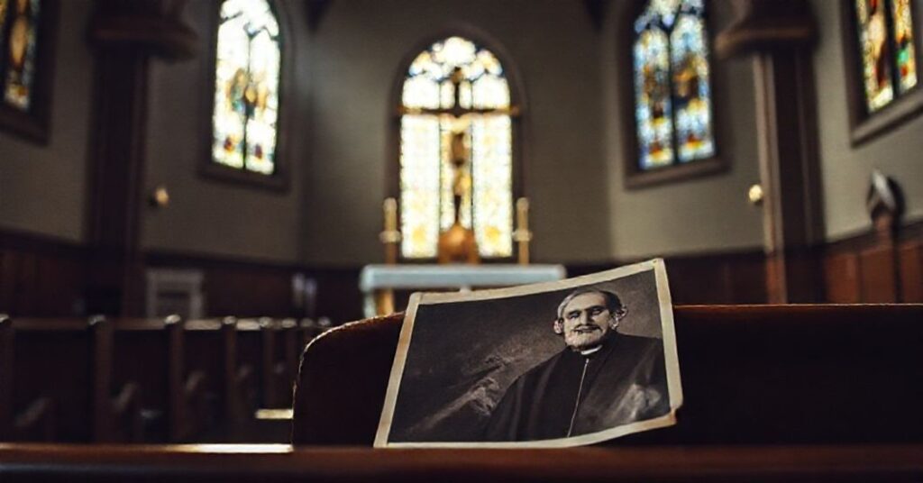 Wnętrze tradycyjnego kościoła katolickiego z ołtarzem i krzyżem Chrystusowym na tle witraży. Zdalnie widoczny zdjęcie ks. Jerzego Popiełuszki na ławce.