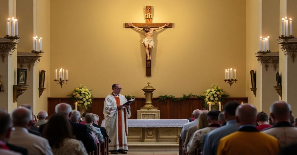 Sedevacantist catholic priest during traditional liturgy in Płock emphasizing true Divine Mercy through the Wounds of Christ