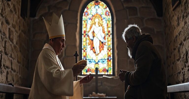 Ksiądz katolicki pomagający ubogim, podkreślając znaczenie sakramentów i wiecznego zbawienia nad jedynie materialną pomocą.
