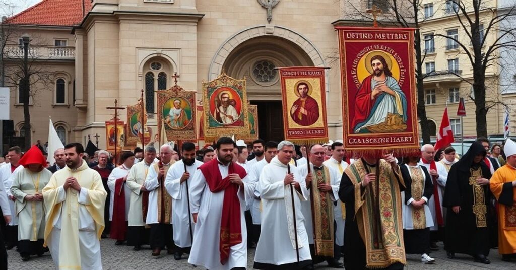 Powołanie katolickie w Wilnie z tradycyjnymi symbolami chrześcijańskimi, podkreślające prawdziwe miłosierdzie Boże złożone z pokutą i sprawiedliwością.