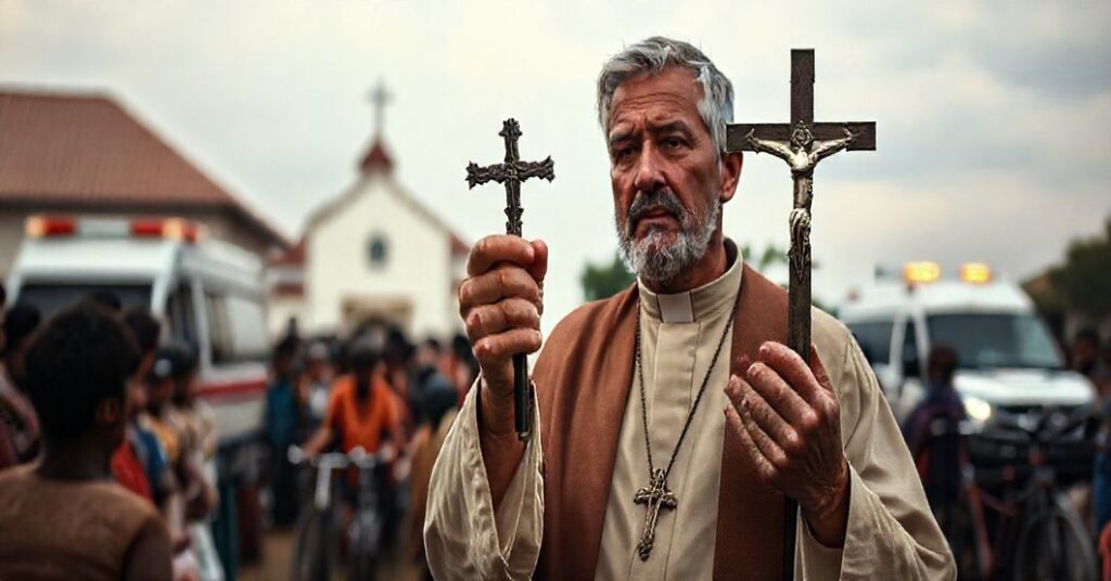 Prawdziwy katolicki misjonarz trzymający krucyfiks przed tłumem z wozami pomocy w tle.