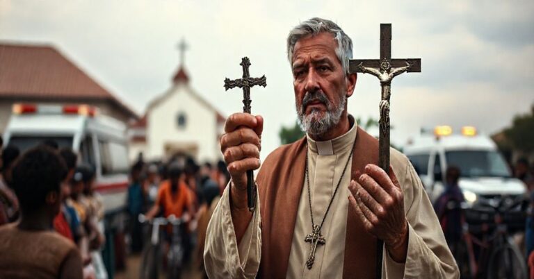 Prawdziwy katolicki misjonarz trzymający krucyfiks przed tłumem z wozami pomocy w tle.