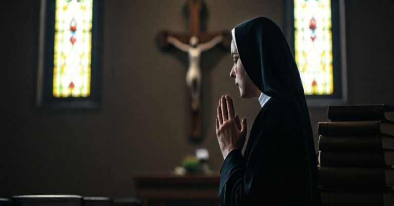 Zdjęcie przedstawiająca tradycyjną katoliczkę w habitzie modlącą się przed krzyżem w kaplicy. Scena odzwierciedla prawdziwe misje Kościoła: zbawienie dusz.