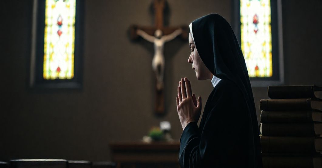 Zdjęcie przedstawiająca tradycyjną katoliczkę w habitzie modlącą się przed krzyżem w kaplicy. Scena odzwierciedla prawdziwe misje Kościoła: zbawienie dusz.