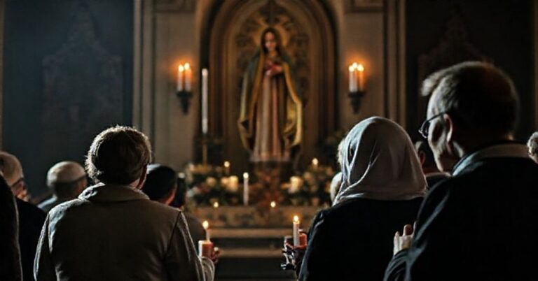 Scena pobożnego nabożeństwa katolickiego przed rzeźbą Matki Bożej Jasnogórskiej w tradycyjnym sanktuarium maryjskim w Polsce.